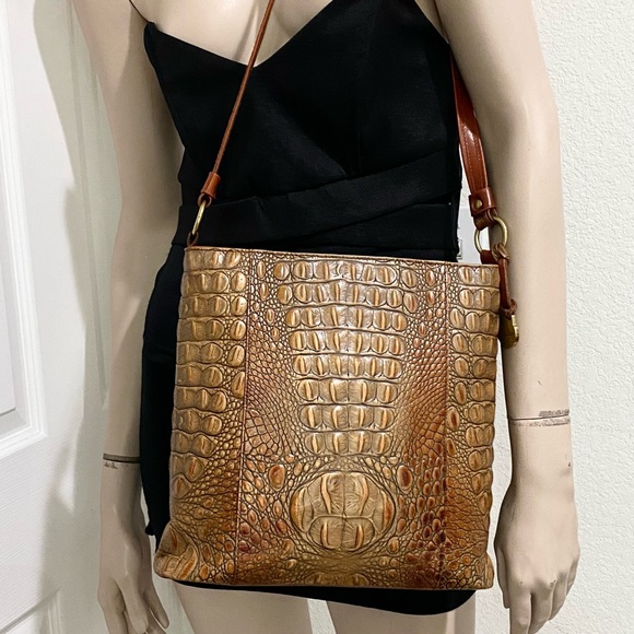 Vintage BRAHMIN Pecan Toasted Almond  Embossed Croc Leather Shoulder Purse Bag - Picture 3 of 16